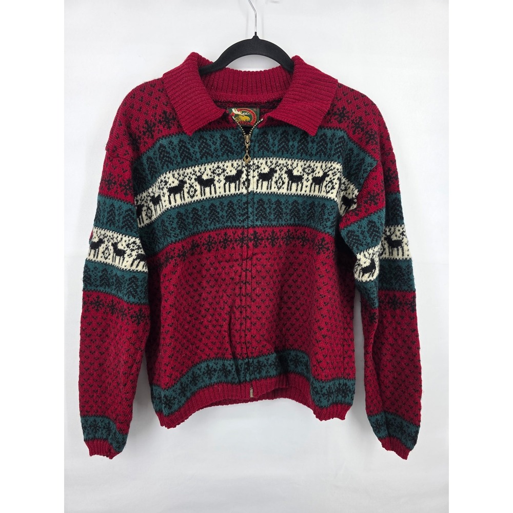 Vintage Alps Womens XL Full Zip Nordic Fair Isle Reindeer Sweater Red Teal